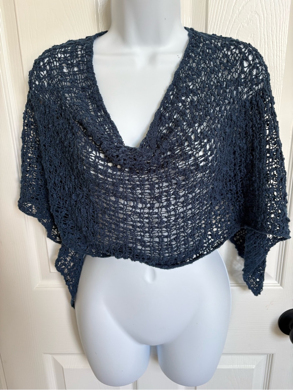 Van Klee Navy Open-Weave Cropped Poncho